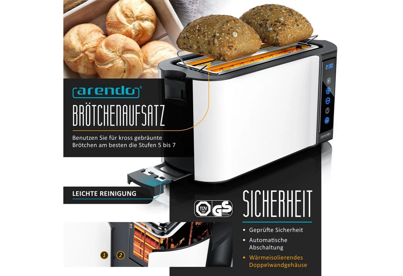 Arendo Frühstücks-Set Weiß Edelstahl Wasserkocher & 4-Scheiben Toaster Touch - Bild 4