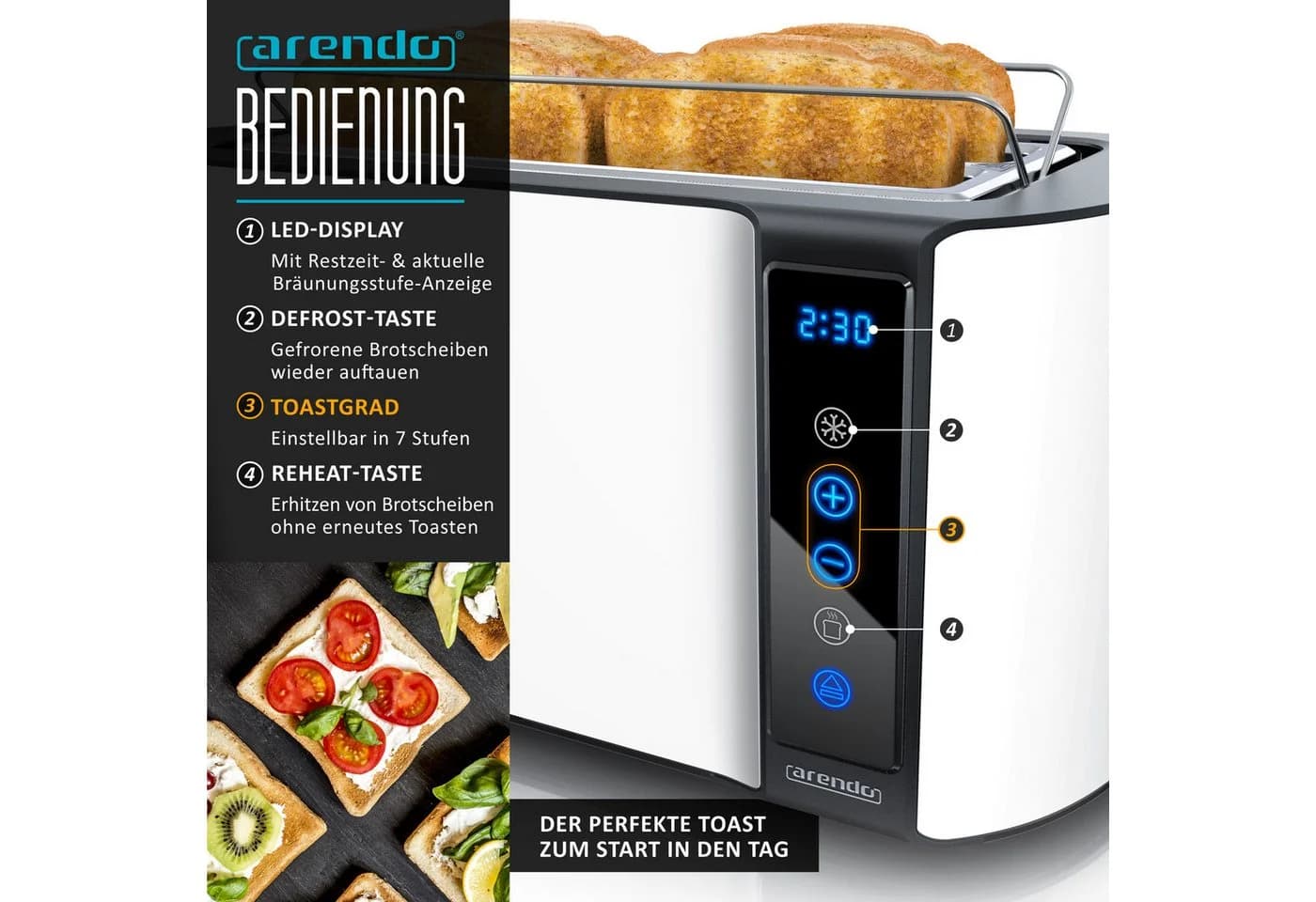 Arendo Frühstücks-Set Weiß Edelstahl Wasserkocher & 4-Scheiben Toaster Touch - Bild 5