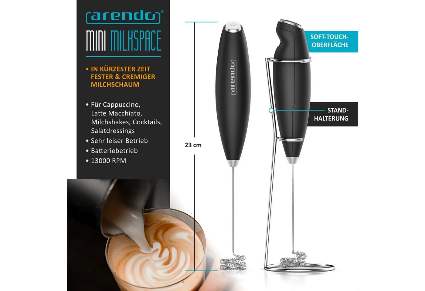 Arendo Milchkännchen 350ml Edelstahl mit elektrischem Milchaufschäumer Set