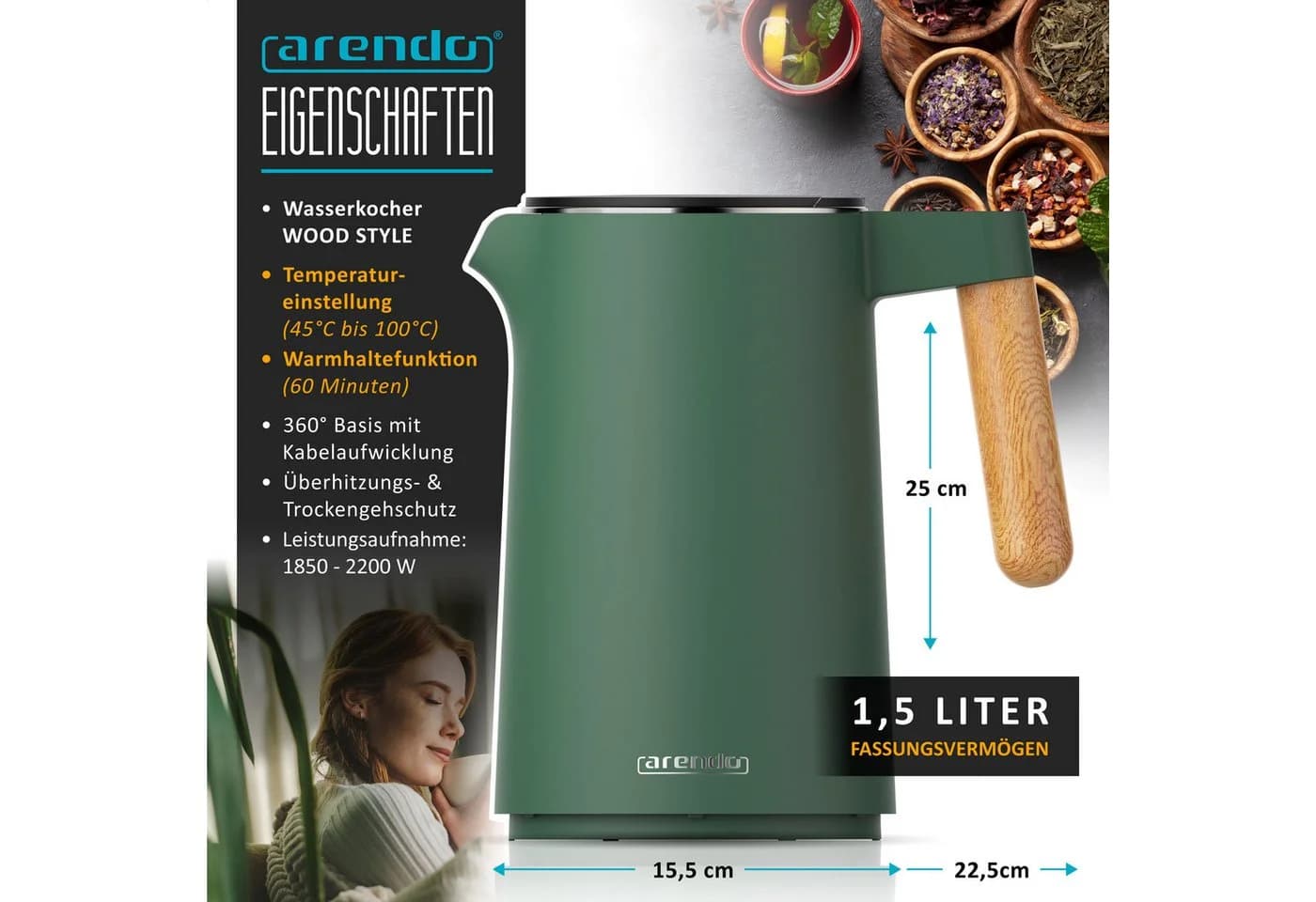 Arendo Frühstücks-Set Edelstahl Wasserkocher & 4-Scheiben Toaster Grün