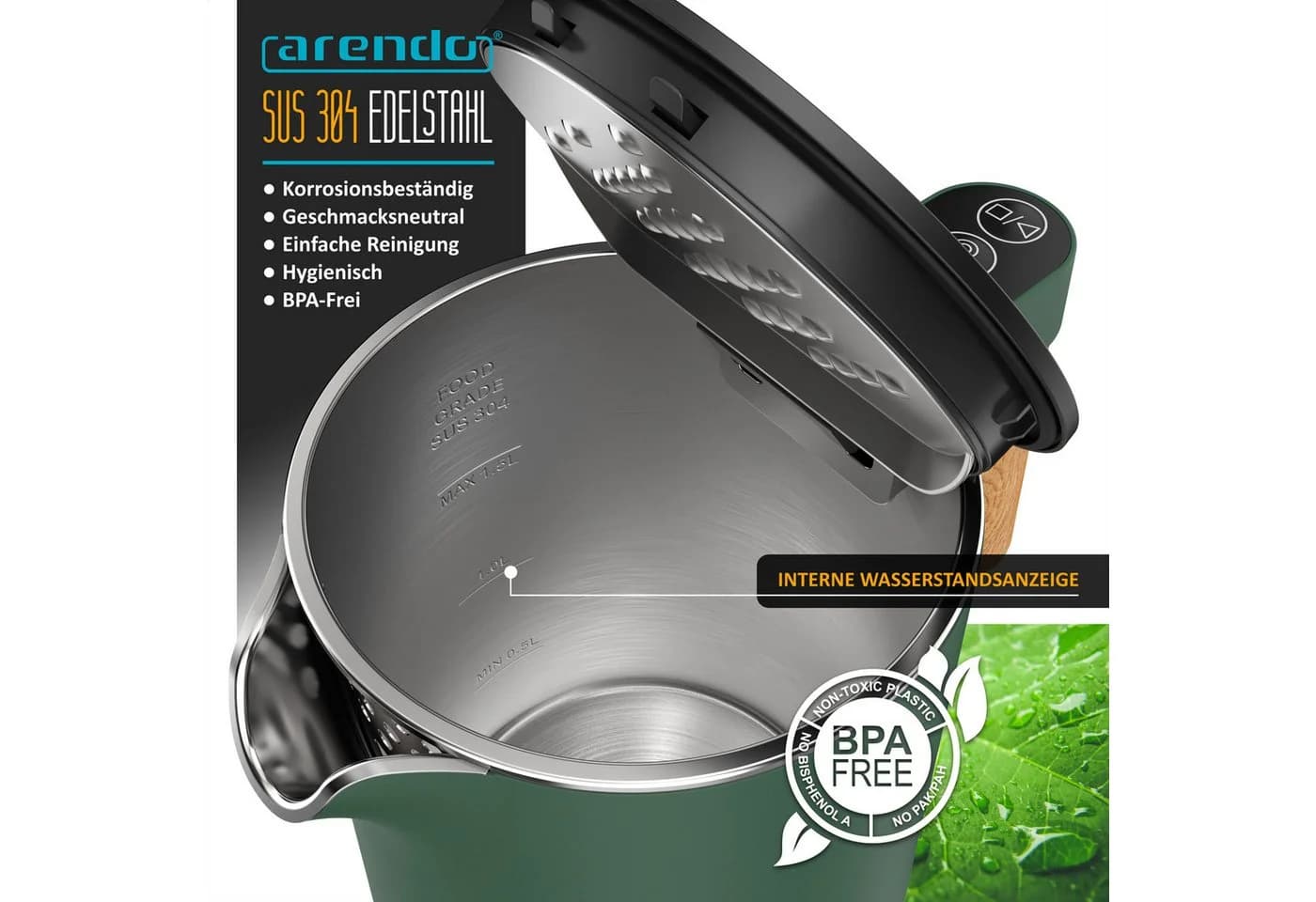 Arendo Frühstücks-Set Edelstahl Wasserkocher & 4-Scheiben Toaster Grün - Bild 5