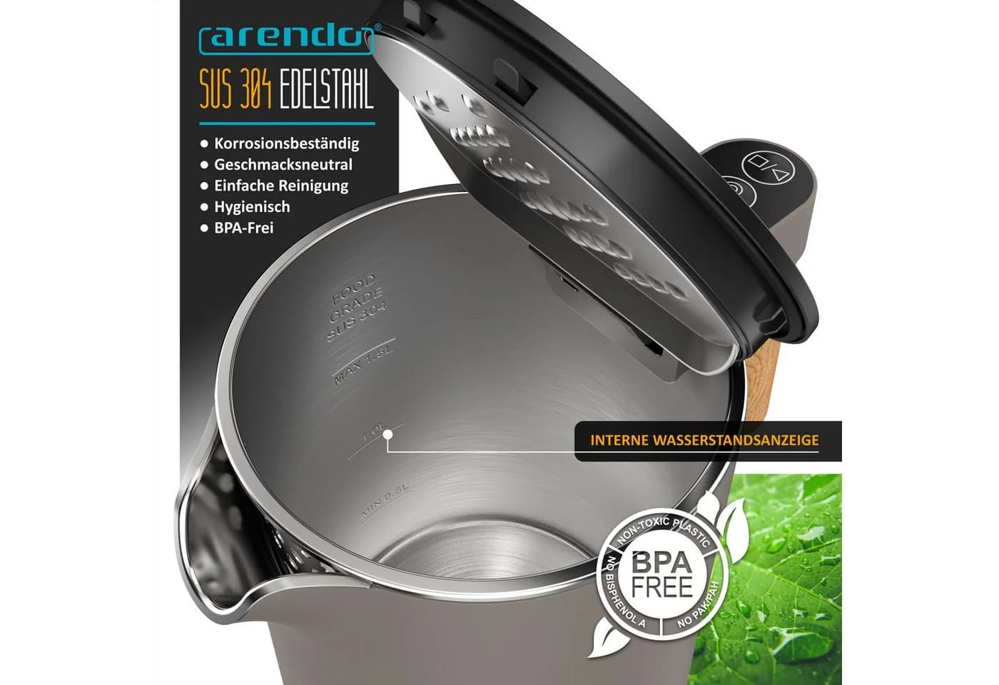 Arendo Frühstücks-Set Edelstahl Wasserkocher & 4-Scheiben Toaster Taupe - Bild 5