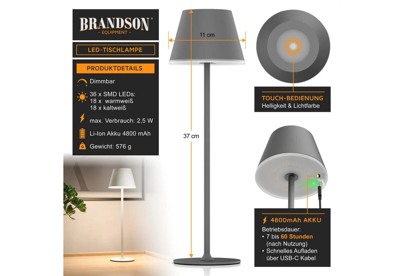 Brandson LED Tischleuchte mit Akku, Kabellos, Touch, Dimmbar, Metall, 3 Farbtemperaturen, Nachttischlampe, Schreibtischlampe