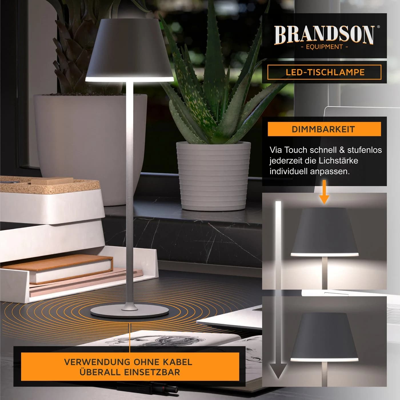 Brandson LED Tischleuchte mit Akku, Kabellos, Touch, Dimmbar, Metall, 3 Farbtemperaturen, Nachttischlampe, Schreibtischlampe - Bild 3
