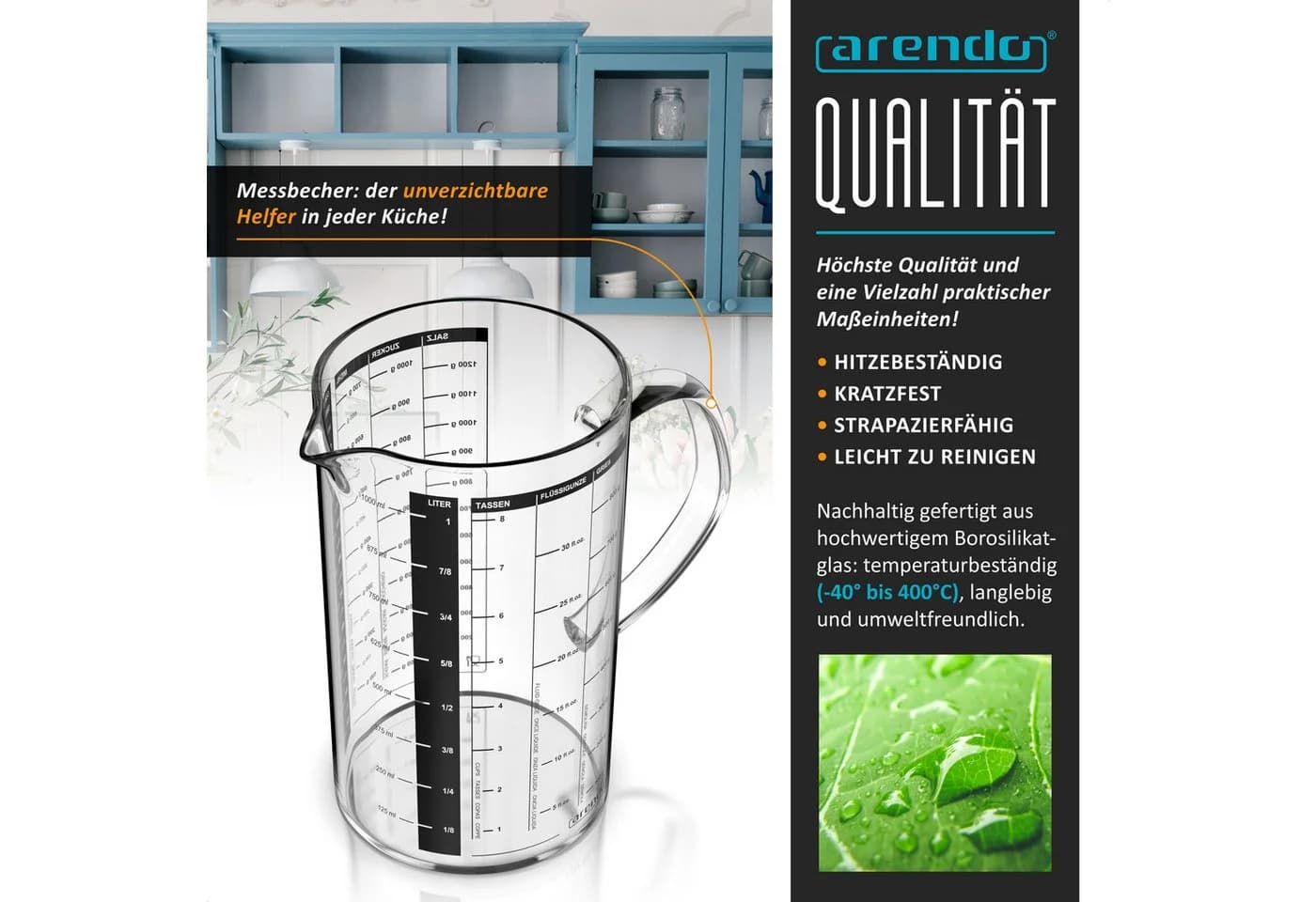 Arendo Glasmessbecher 1000 ml mit 8-teiliger Skalierung - Bild 4