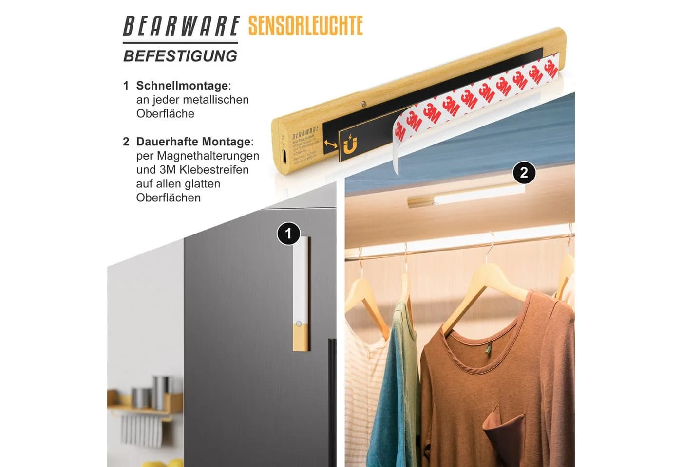 BEARWARE Unterschrankleuchte mit Bewegungsmelder, Akku, 3 Farbtemperaturen, dimmbar, USB-C, Magnetbefestigung - Bild 3