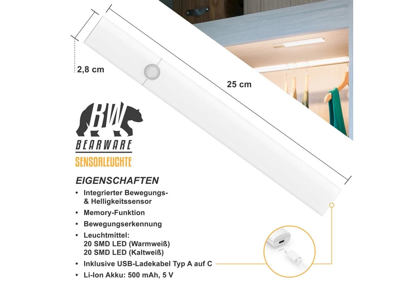 BEARWARE Unterschrankleuchte Schranklicht mit Bewegungsmelder, Akku, 3 Lichtfarben, dimmbar, PIR, Lichtsensor, Memory-Funktion, Dauerlicht, Auto-Modus, LED, Warmweiß, Neutralweiß, Kaltweiß, 500 mAh, USB-C, Magnethalterung