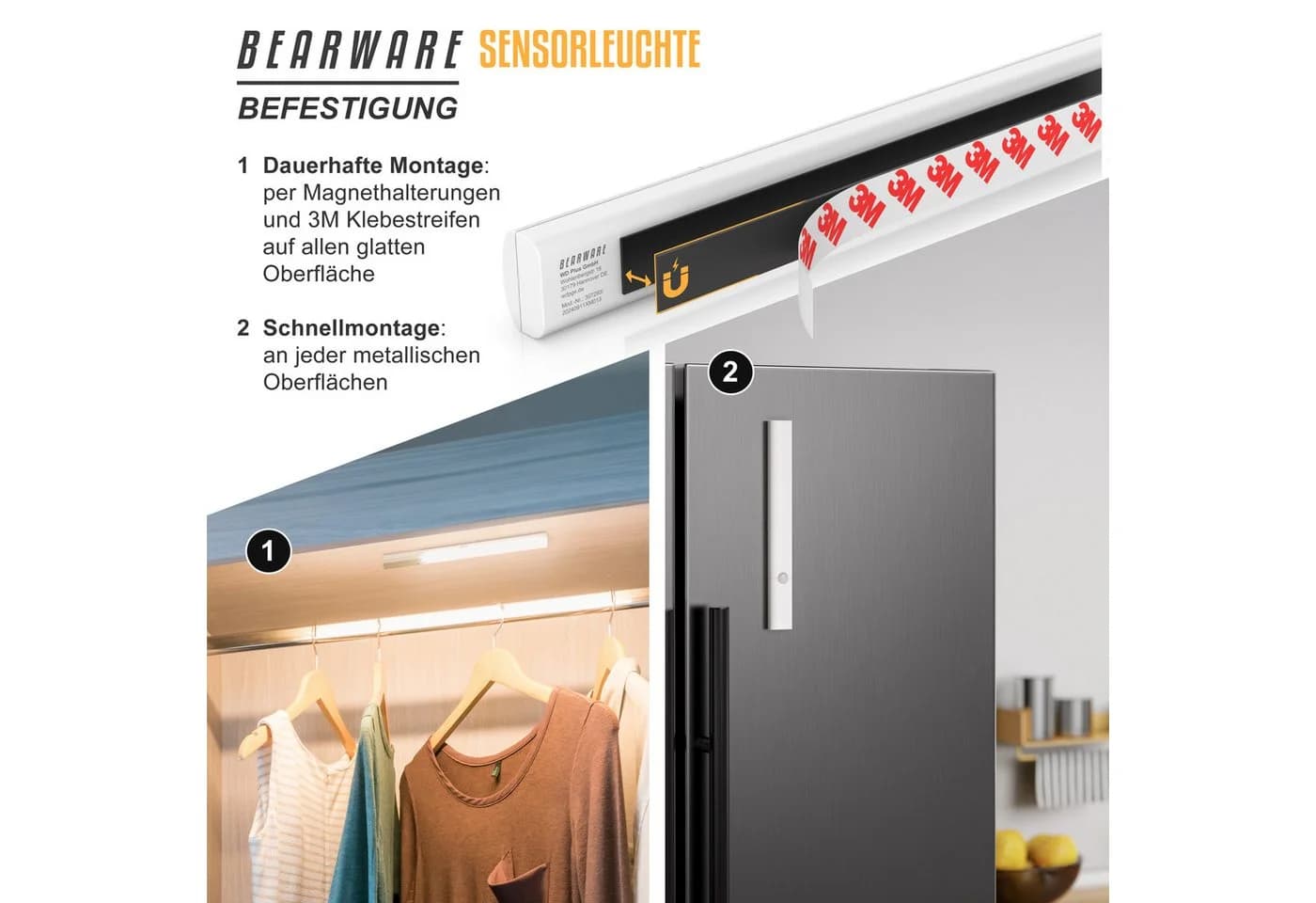 BEARWARE Unterschrankleuchte Schranklicht mit Bewegungsmelder, Akku, 3 Lichtfarben, dimmbar, PIR, Lichtsensor, Memory-Funktion, Dauerlicht, Auto-Modus, LED, Warmweiß, Neutralweiß, Kaltweiß, 500 mAh, USB-C, Magnethalterung - Bild 3