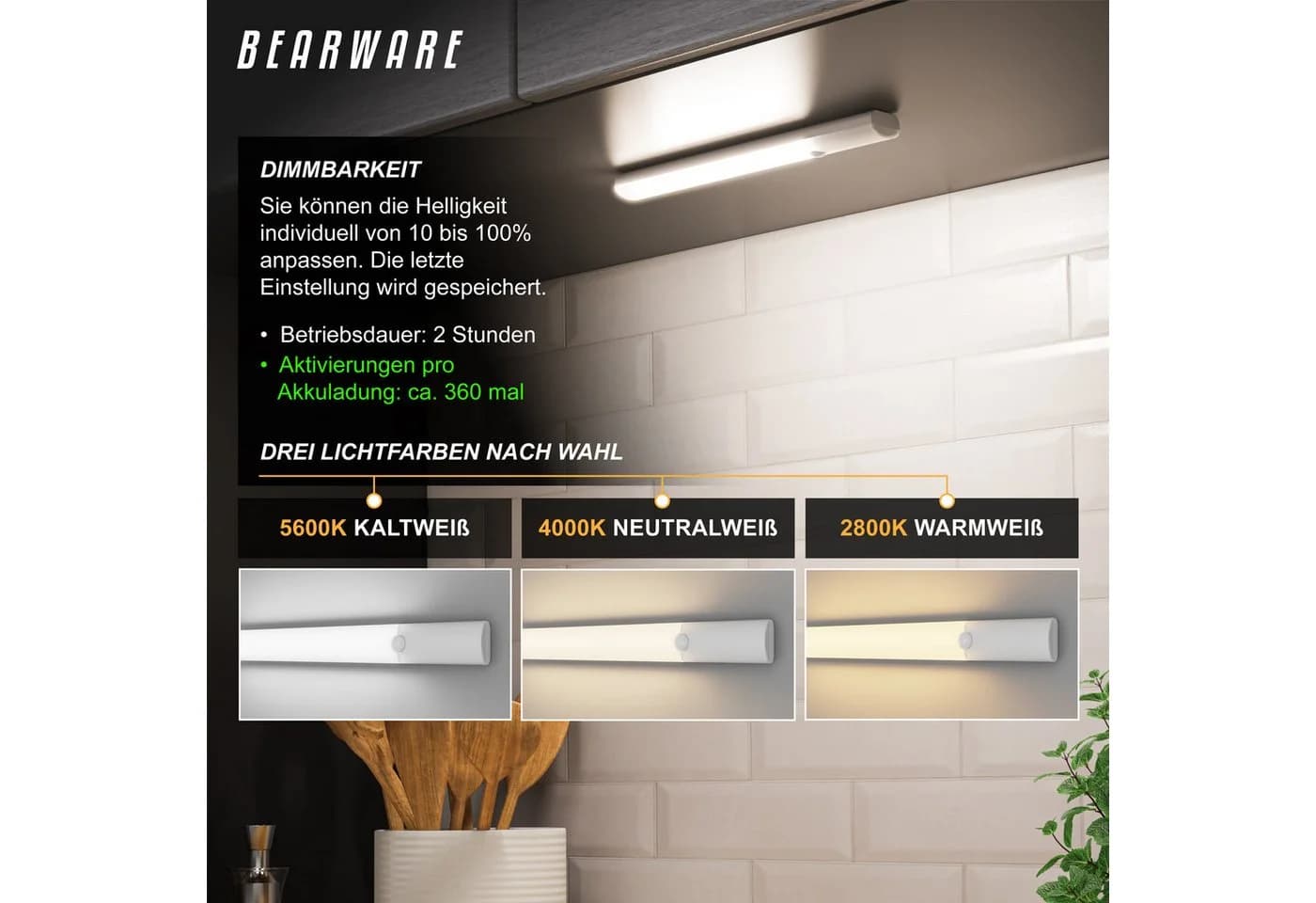 BEARWARE Unterschrankleuchte Schranklicht mit Bewegungsmelder, Akku, 3 Lichtfarben, dimmbar, PIR, Lichtsensor, Memory-Funktion, Dauerlicht, Auto-Modus, LED, Warmweiß, Neutralweiß, Kaltweiß, 500 mAh, USB-C, Magnethalterung - Bild 4