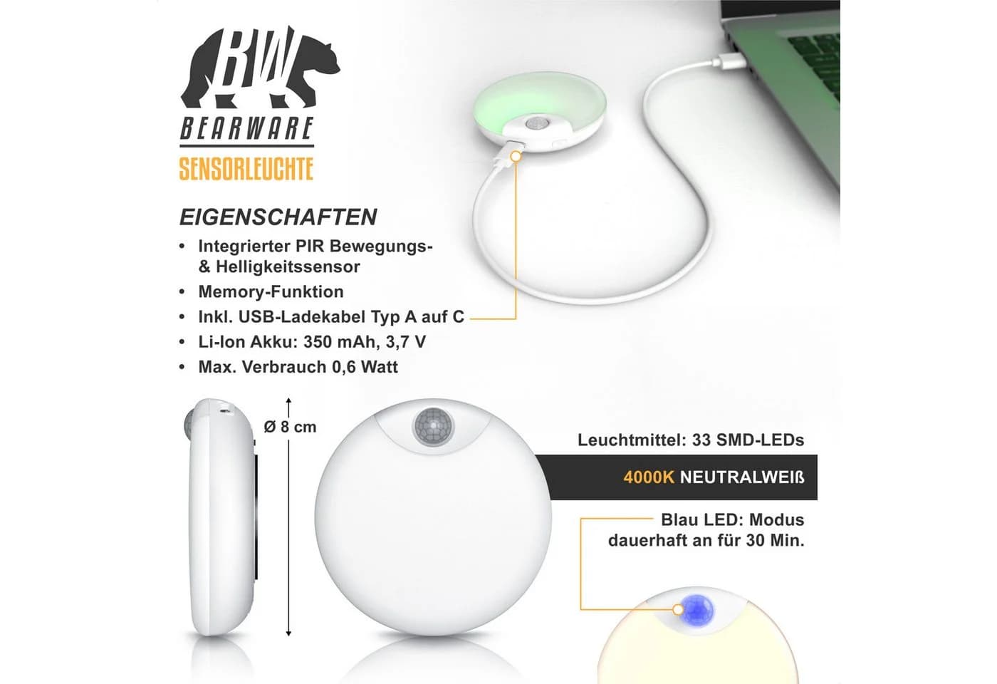 BEARWARE LED Nachtlicht 3er Set mit Bewegungsmelder, Akku, USB-C, dimmbar