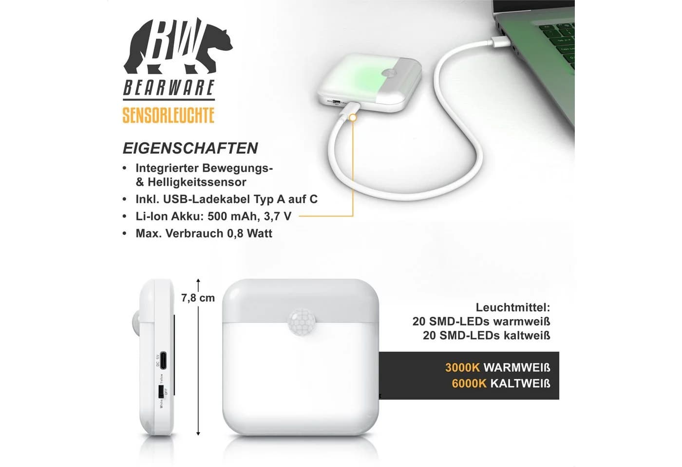 Brandson LED Nachtlicht 2x Schranklicht mit Bewegungsmelder, 2 Lichtfarben, Akku, dimmbar