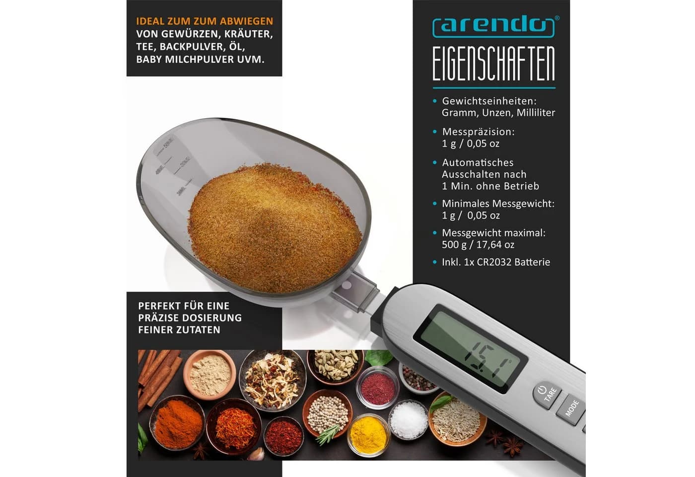 Arendo Digitale Löffelwaage Edelstahl Schwarz 500g