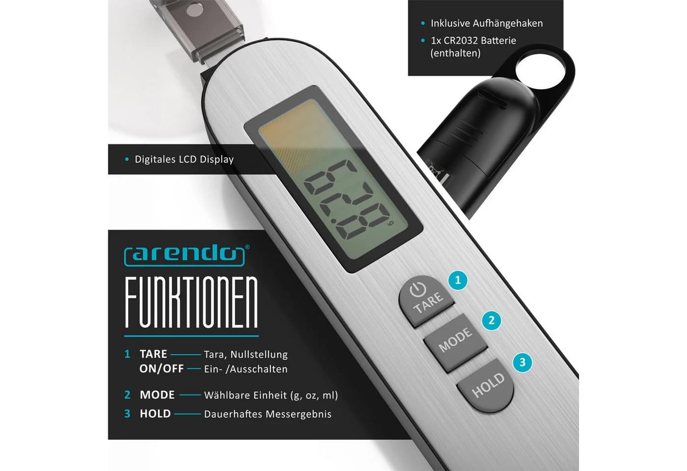 Arendo Digitale Löffelwaage Edelstahl Schwarz 500g - Bild 5