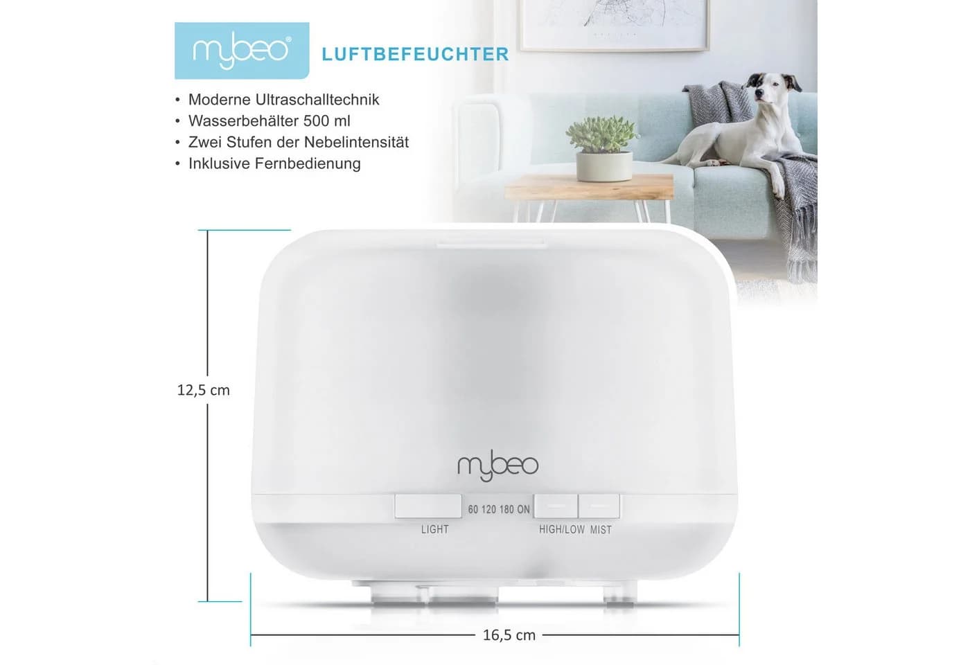 MyBeo Luftbefeuchter Aroma Diffuser 0,5 L mit Stimmungslicht in 7 Farben, 2 Nebelstufen, RGB, Timer, Fernbedienung