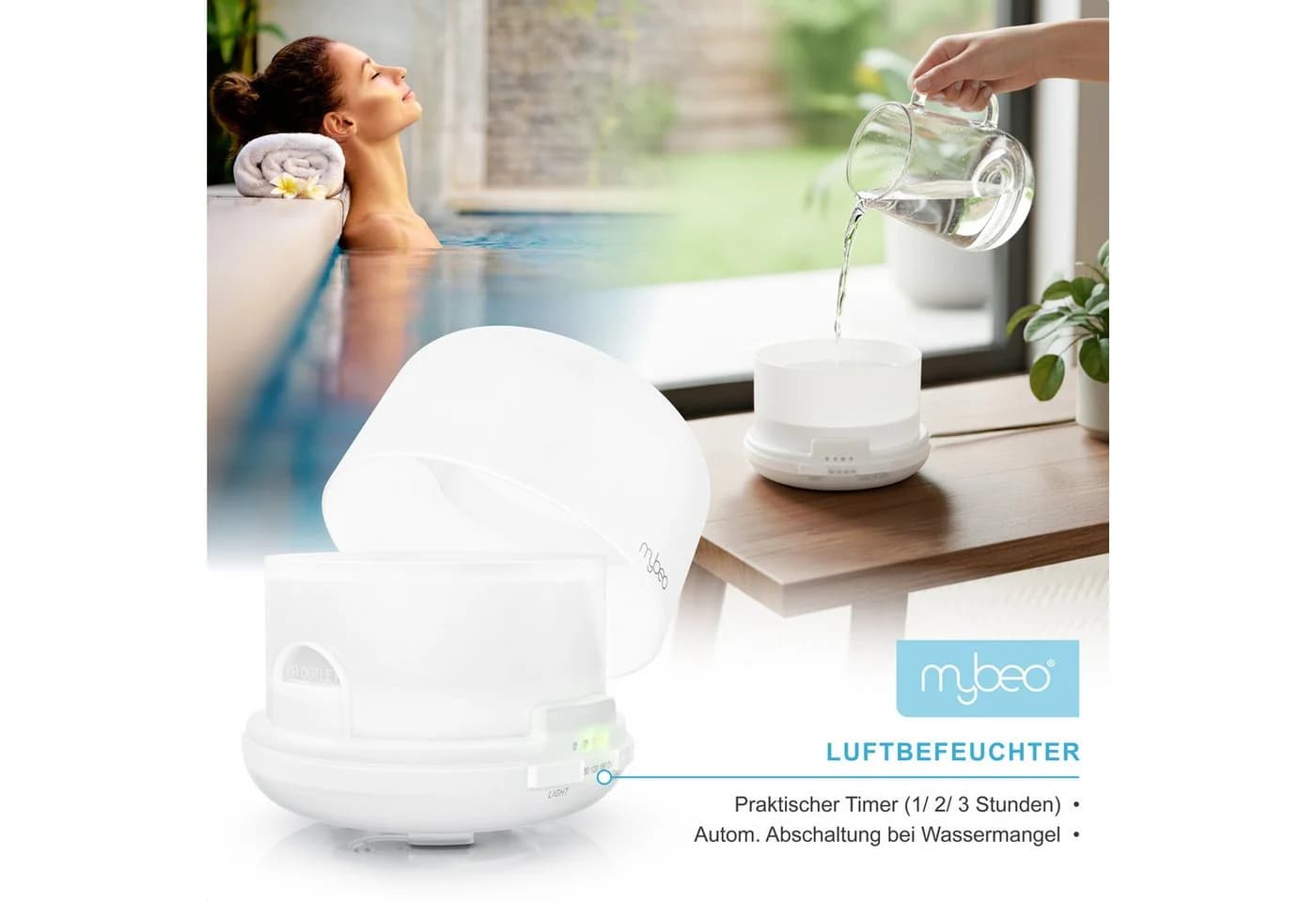 MyBeo Luftbefeuchter Aroma Diffuser 0,5 L mit Stimmungslicht in 7 Farben, 2 Nebelstufen, RGB, Timer, Fernbedienung - Bild 3