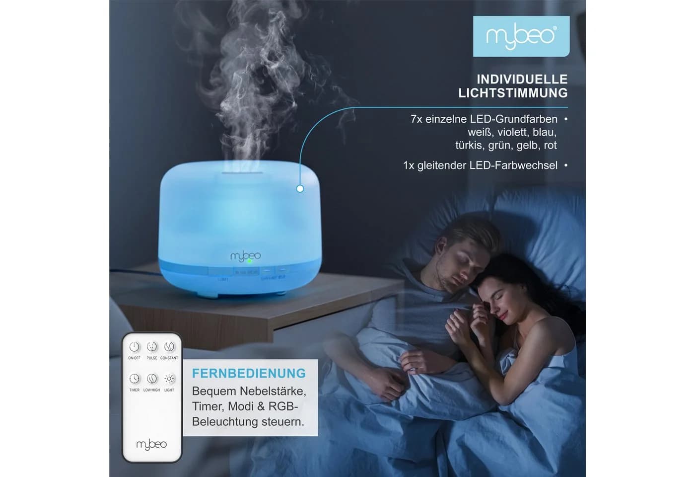 MyBeo Luftbefeuchter Aroma Diffuser 0,5 L mit Stimmungslicht in 7 Farben, 2 Nebelstufen, RGB, Timer, Fernbedienung - Bild 4