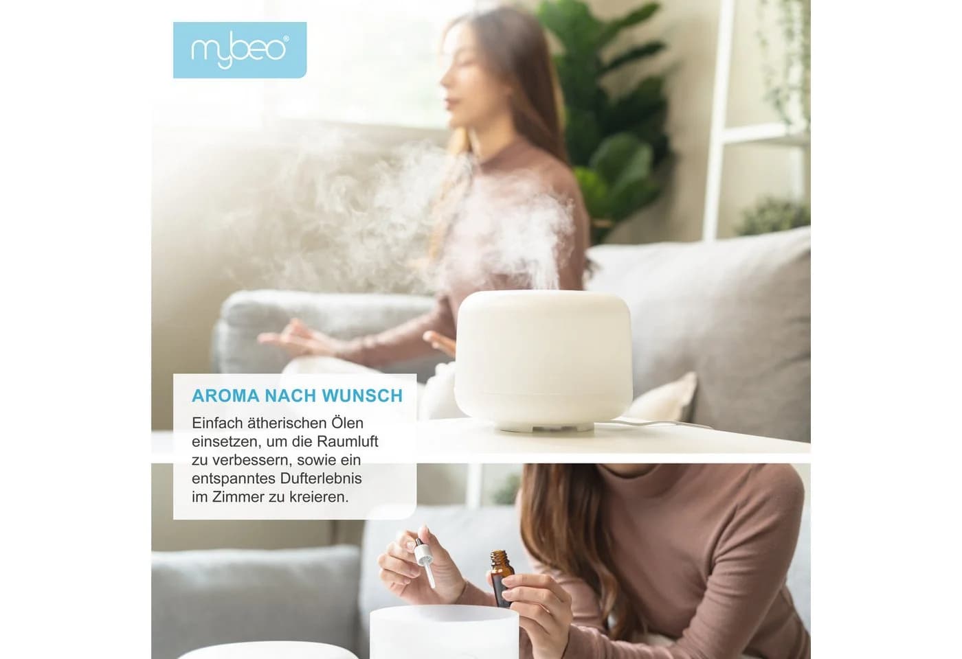 MyBeo Luftbefeuchter Aroma Diffuser 0,5 L mit Stimmungslicht in 7 Farben, 2 Nebelstufen, RGB, Timer, Fernbedienung - Bild 5