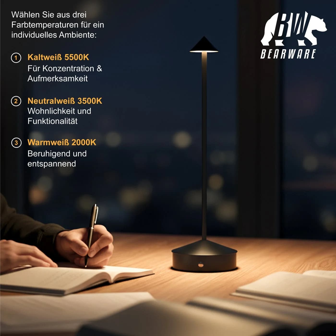 BEARWARE LED Tischleuchte Kabellos 3 Lichtfarben Touch Dimmfunktion - Bild 5