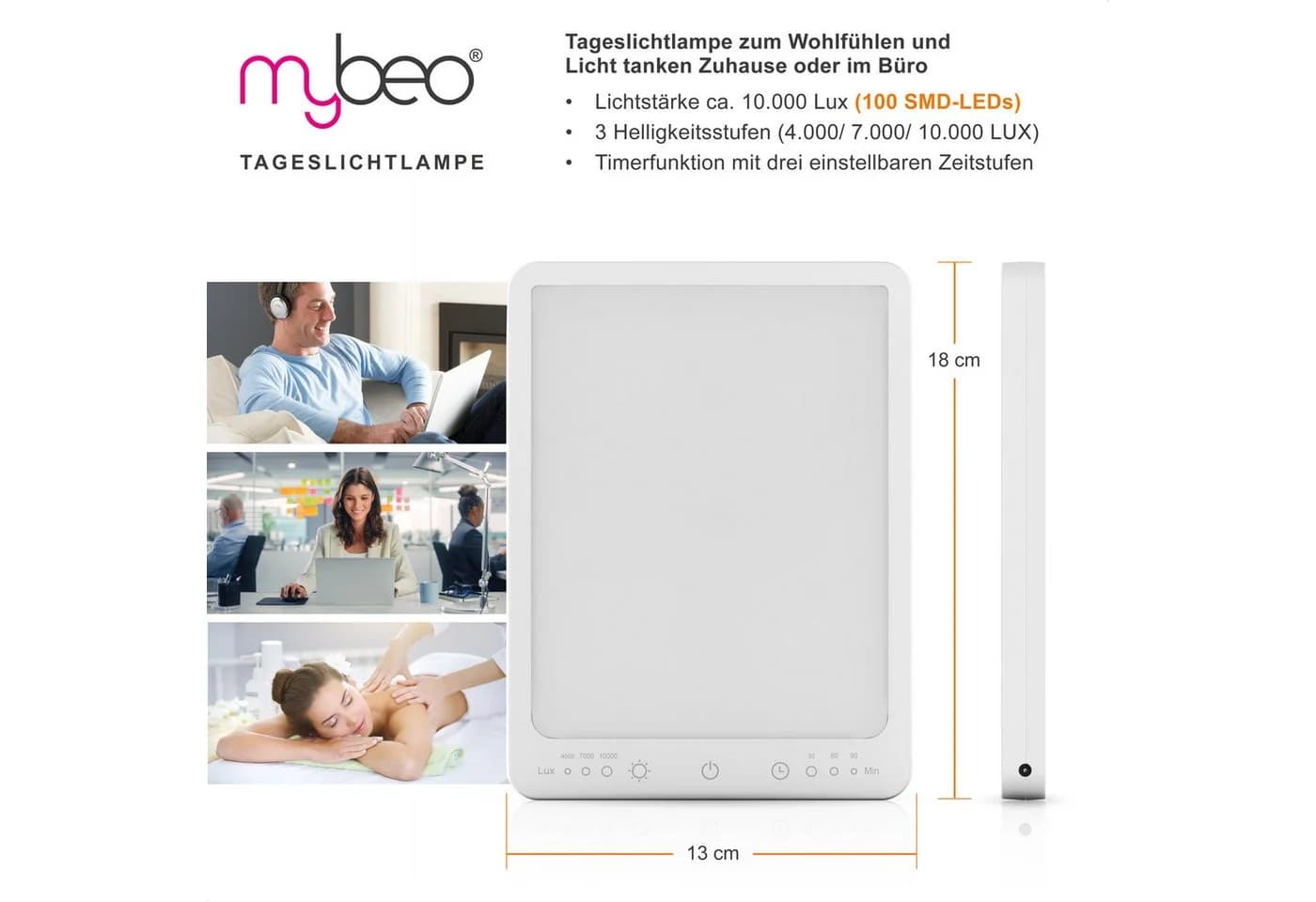 MyBeo Tageslichtlampe LED 10.000 LUX Weiß Dimmbar