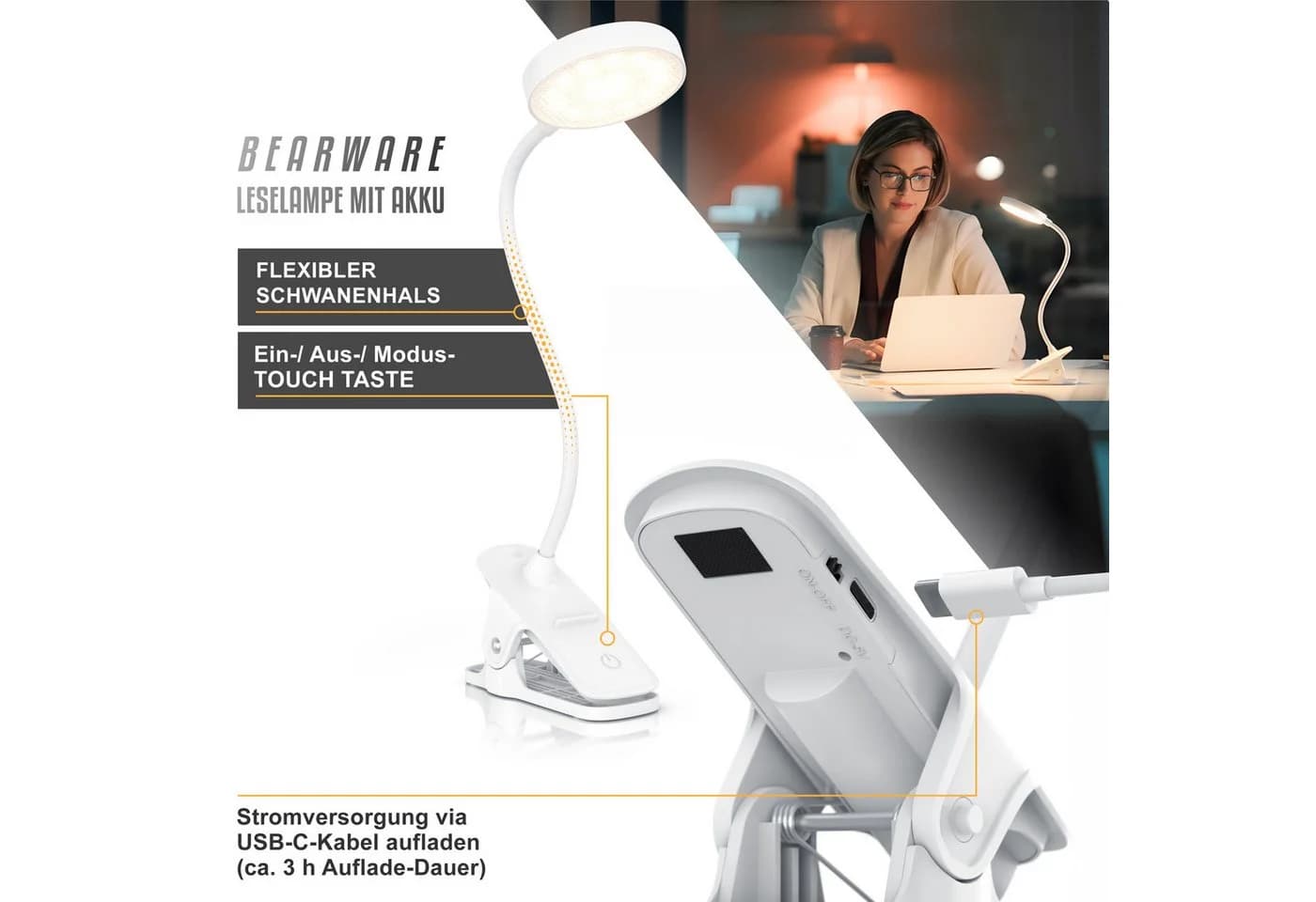 BEARWARE LED Tischleuchte, 3 Lichtfarben, Stufenlose Dimmung, USB-C, 2000 mAh - Bild 4