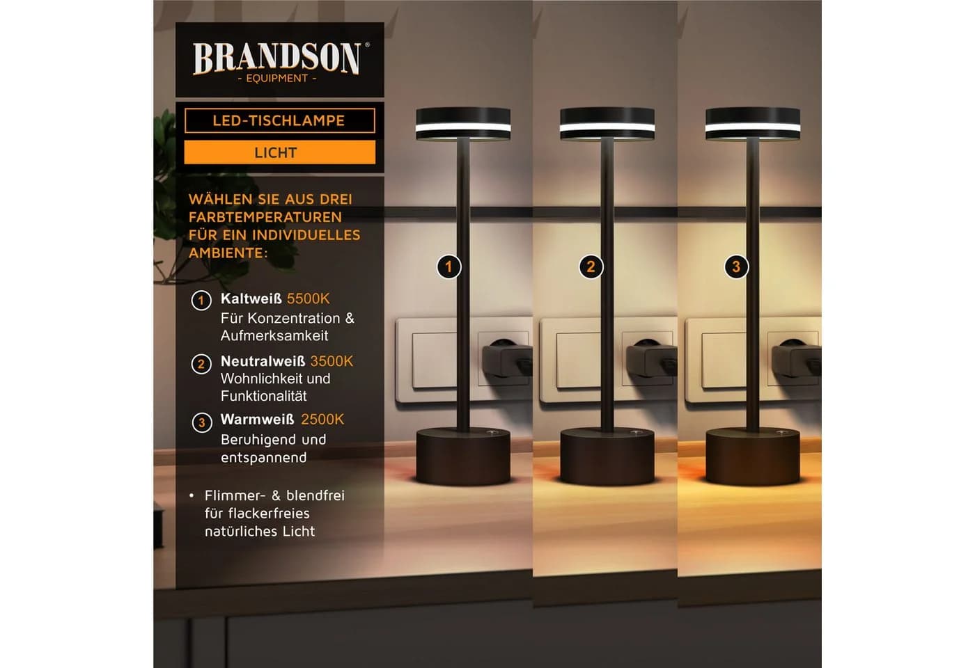 Brandson LED Tischleuchte Tischlampe, stufenlos dimmbar, 3 Lichtfarben, Akku 3600 mAh, Touch, USB-C, modern, platzsparend - Bild 3