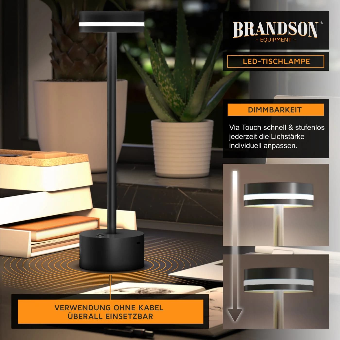 Brandson LED Tischleuchte Tischlampe, stufenlos dimmbar, 3 Lichtfarben, Akku 3600 mAh, Touch, USB-C, modern, platzsparend - Bild 4