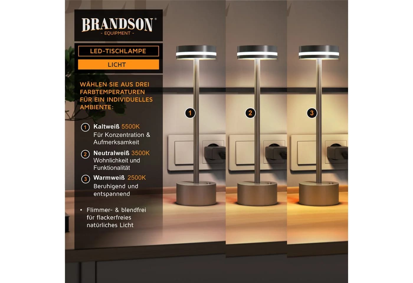 Brandson LED Tischleuchte Grau Dimmbar 3 Lichtfarben Akku - Bild 3