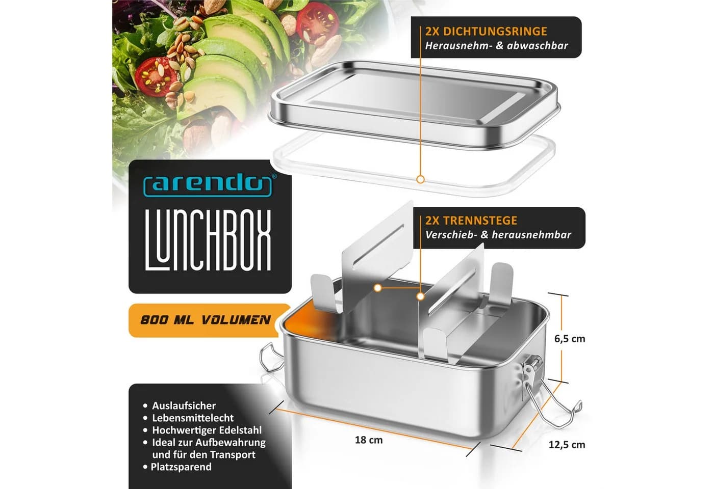 Arendo Lunchbox Edelstahl 800ml mit Fächern Silber