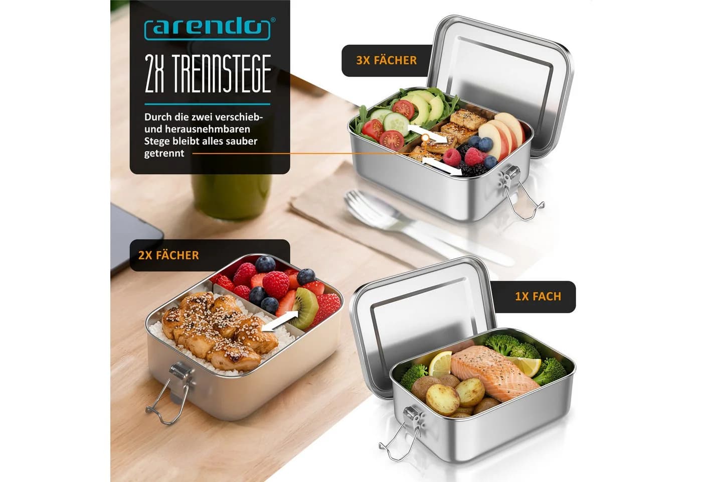 Arendo Lunchbox Edelstahl 800ml mit Fächern Silber - Bild 3