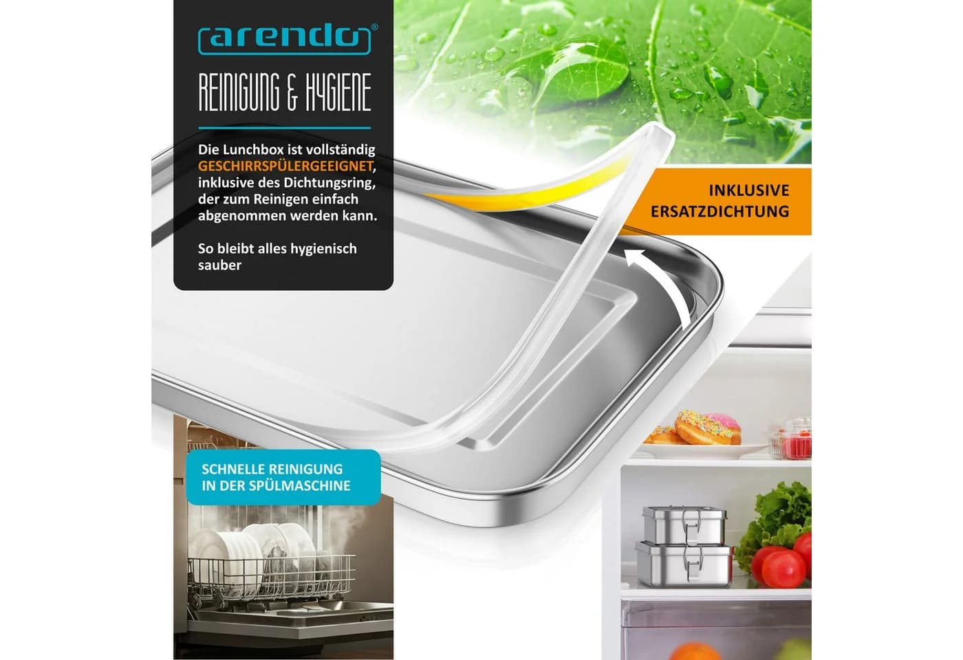 Arendo Lunchbox Edelstahl 800ml mit Fächern Silber - Bild 5