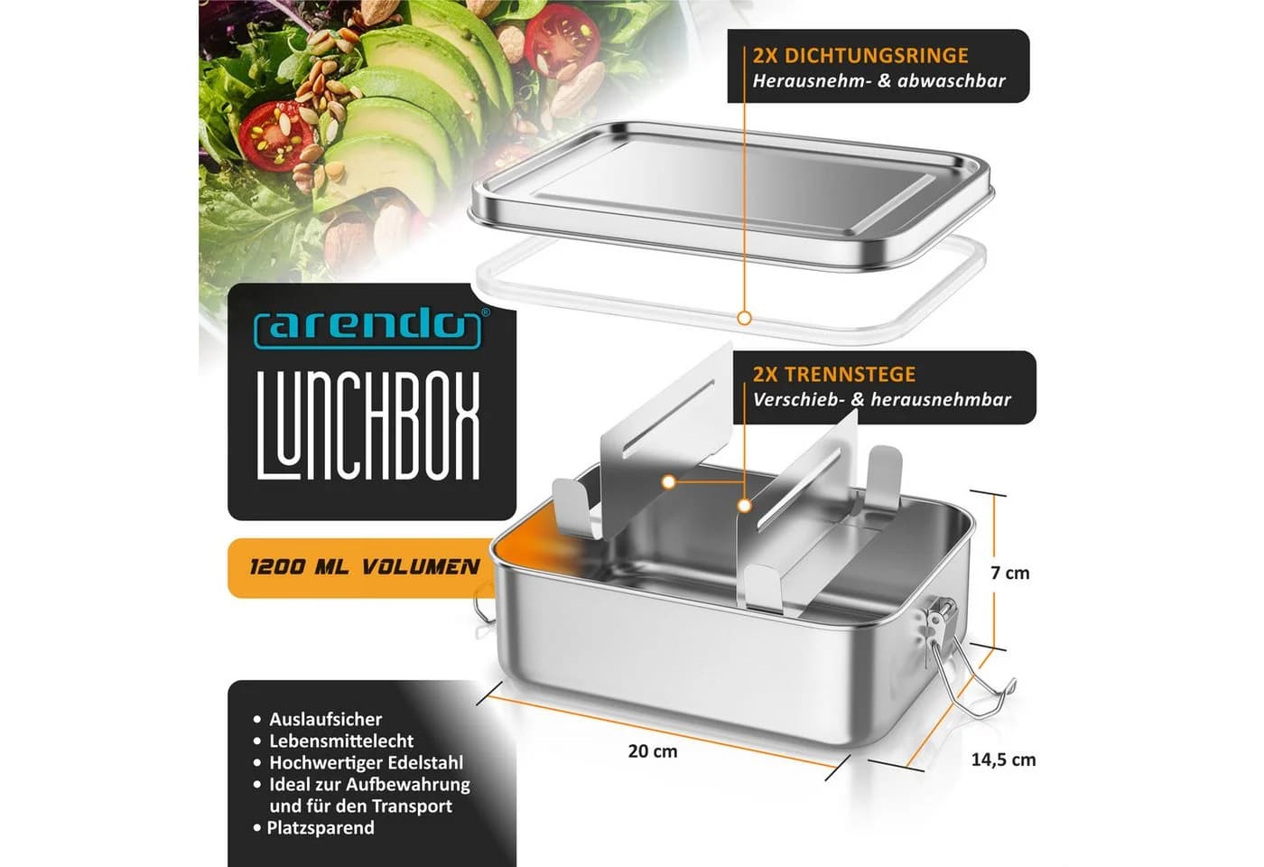 Arendo Lunchbox Edelstahl 1200 ml mit Trennstegen