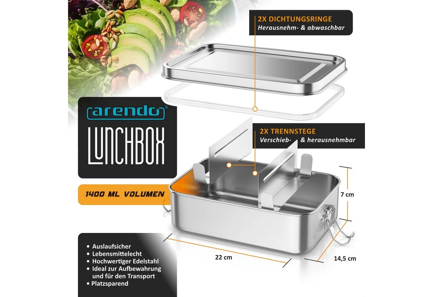 Arendo Lunchbox Edelstahl 1400 ml mit Trennstegen