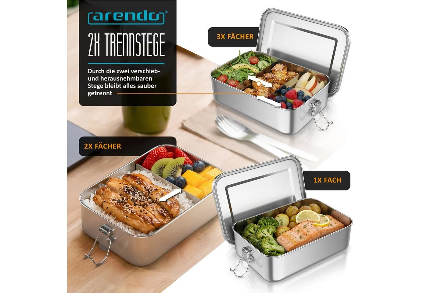 Arendo Lunchbox Edelstahl 1400 ml mit Trennstegen - Bild 3