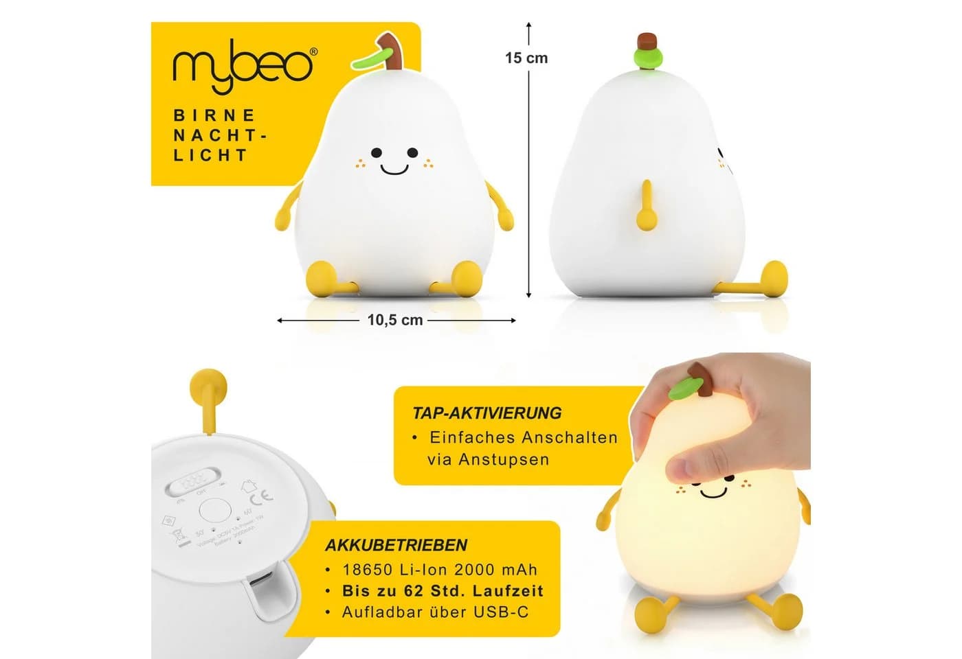 MyBeo LED Nachtlicht für Babys und Kinder, dimmbar, RGB Farbwechsel, Akku, USB-C