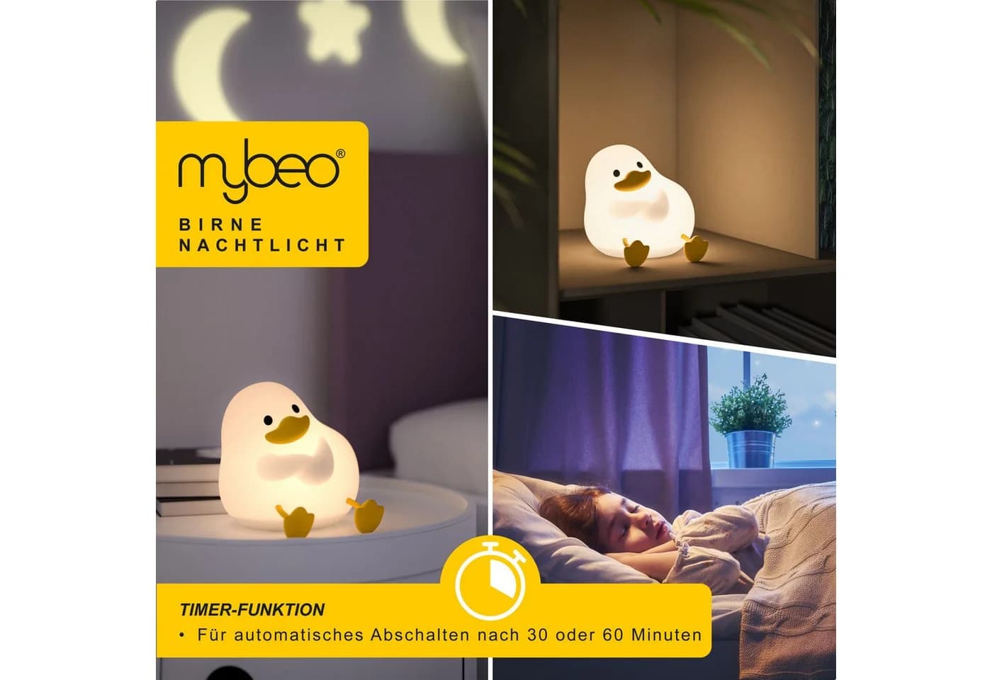 MyBeo LED Nachtlicht für Babys und Kinder, dimmbar, RGB-Farbwechsel, Akku, 3 Helligkeitsstufen, Timer, sitzende Ente - Bild 3