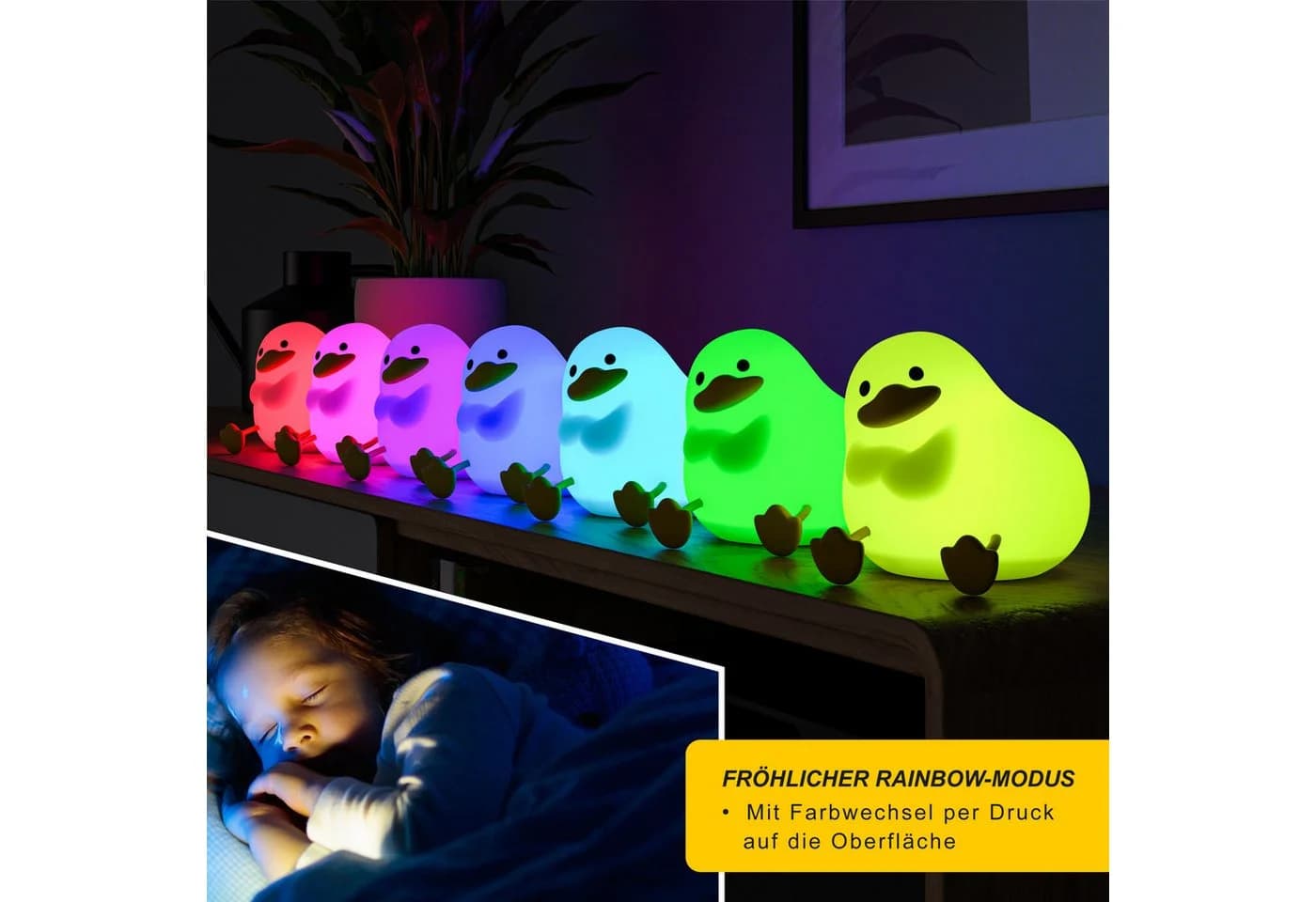 MyBeo LED Nachtlicht für Babys und Kinder, dimmbar, RGB-Farbwechsel, Akku, 3 Helligkeitsstufen, Timer, sitzende Ente - Bild 5