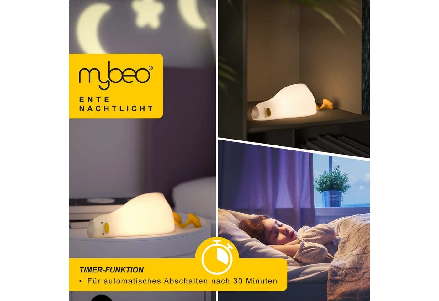 MyBeo LED Nachtlicht für Babys und Kinder, dimmbar, RGB Farbwechsel, Akku, Dimmfunktion, Farbwechsel, mehrere Helligkeitsstufen, Nachtlichtfunktion, LED fest integriert, Extra-Warmweiß, Farbwechsler, liegende Ente, Einschlafhilfe, Timer 30/60 Min, 3 Helligkeitsstufen - Bild 3