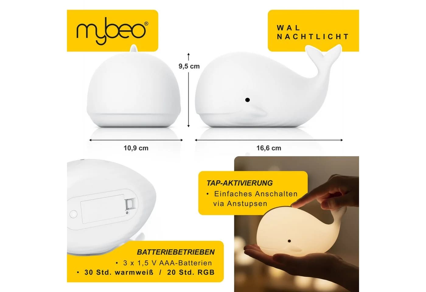 MyBeo LED Nachtlicht Wal mit RGB Farbwechsel und Timer
