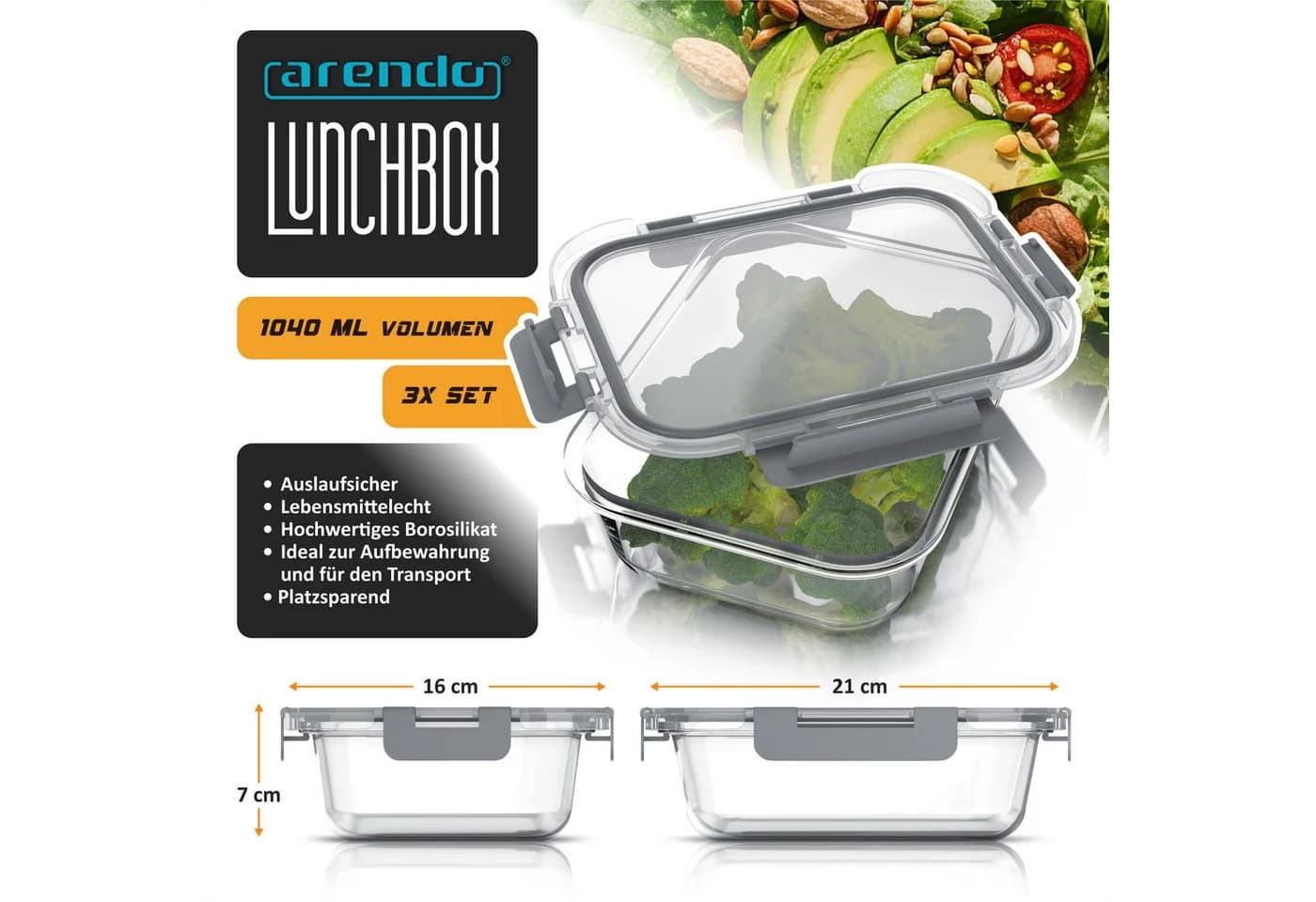 Arendo Frischhaltedose 3er-Set Glas 1040ml Luftdicht Stapelbar