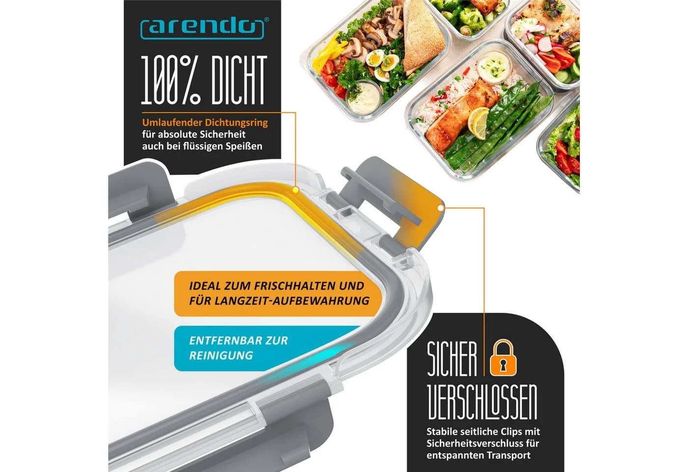 Arendo Frischhaltedose 3er-Set Glas 1040ml Luftdicht Stapelbar - Bild 3