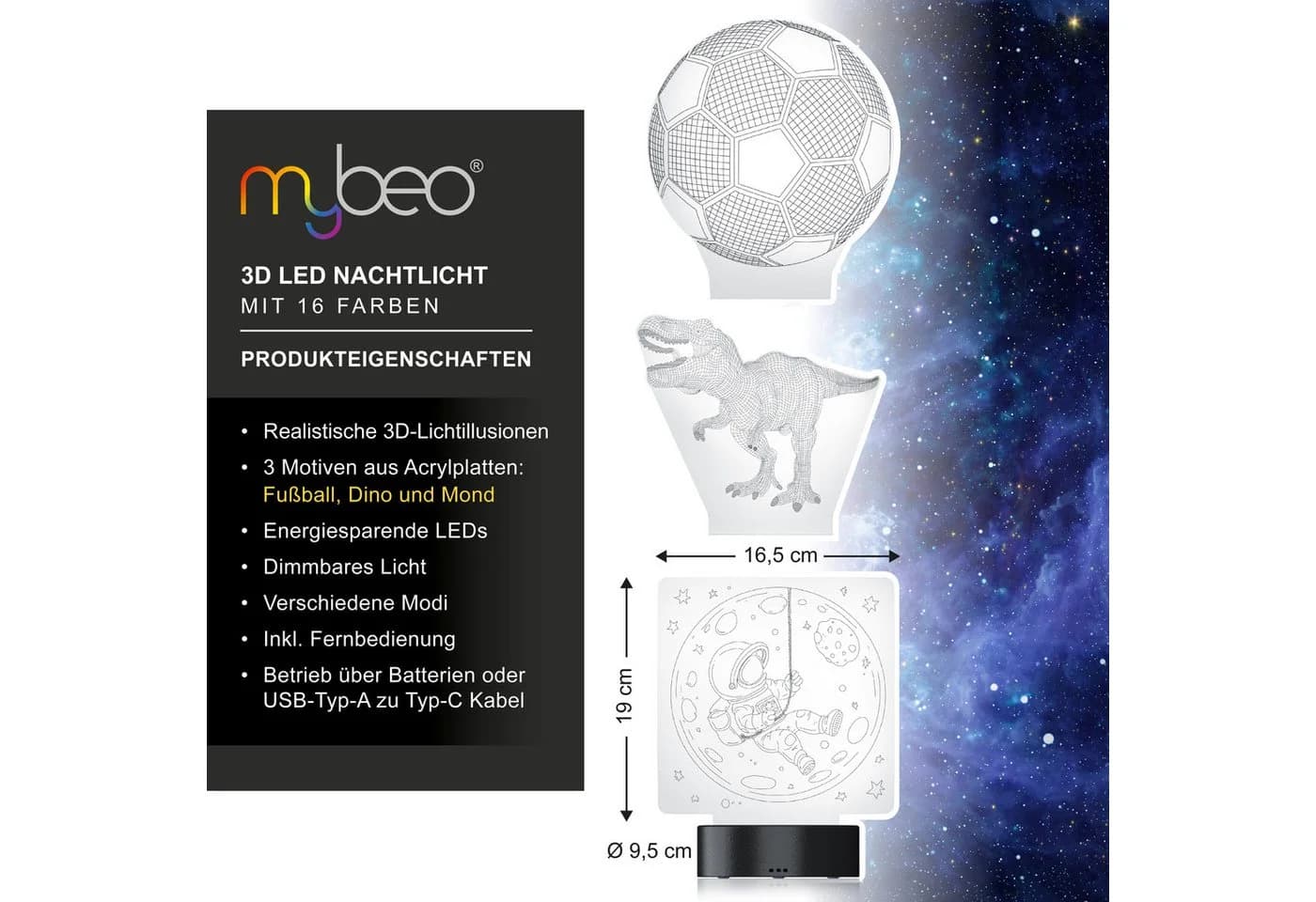 MyBeo LED Nachtlicht 3D Effekt Tischlampe für Kinder, Jungs & Mädchen