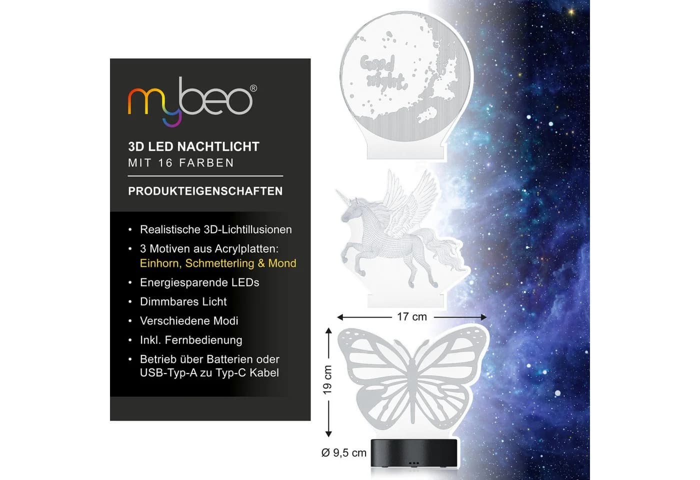 MyBeo LED Nachtlicht 3D Effekt Tischlampe mit 3 Motiven & Fernbedienung