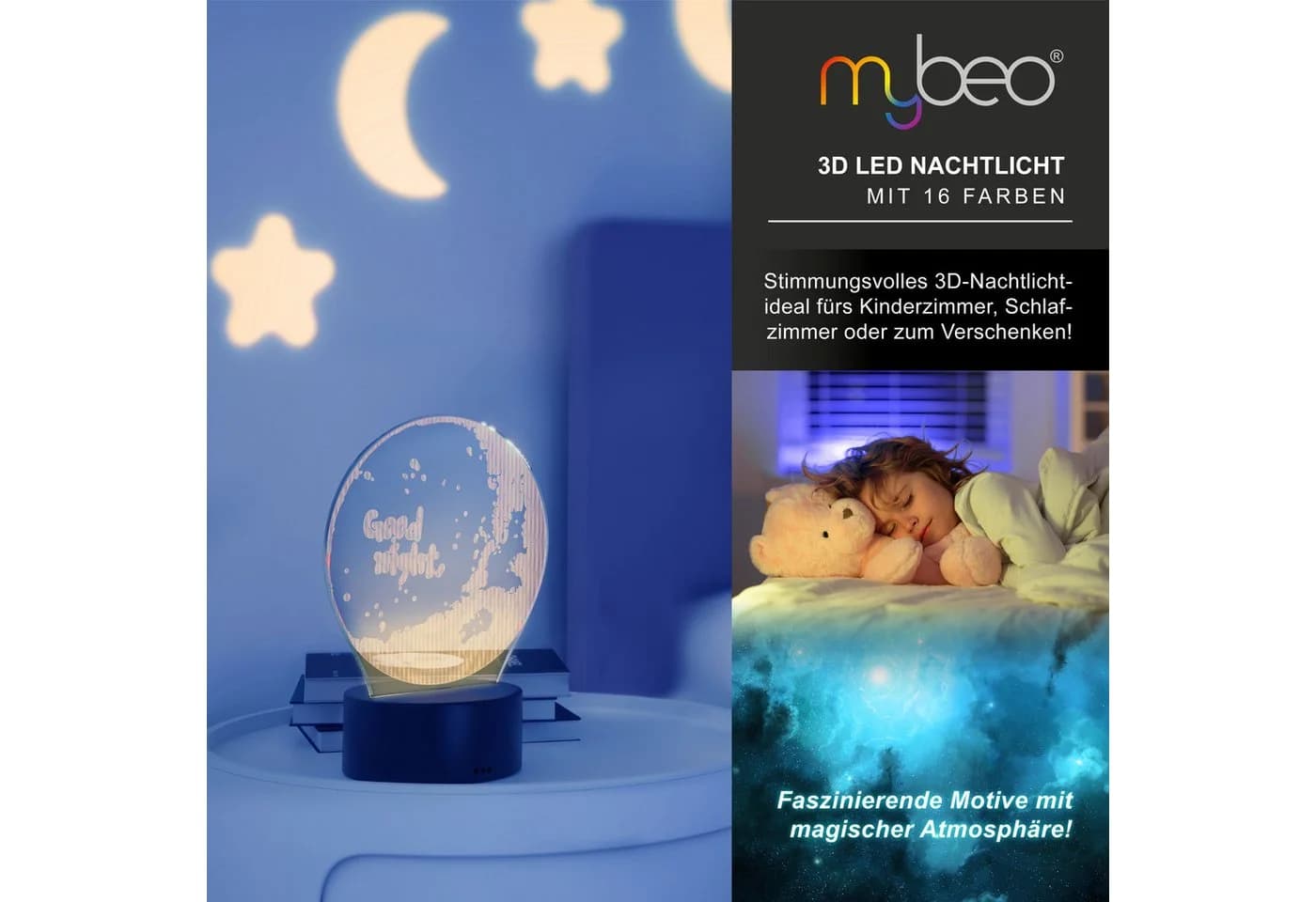 MyBeo LED Nachtlicht 3D Effekt Tischlampe mit 3 Motiven & Fernbedienung - Bild 5