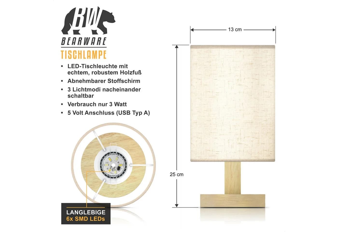 MyBeo LED Nachttischlampe Stoffschirm 3 Lichtmodi