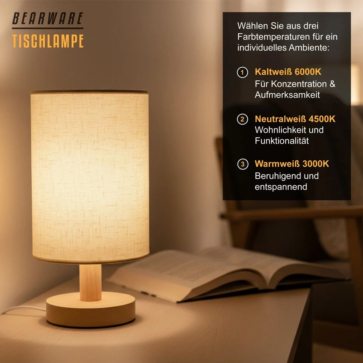 MyBeo LED Nachttischlampe Stoffschirm 3 Lichtmodi - Bild 3