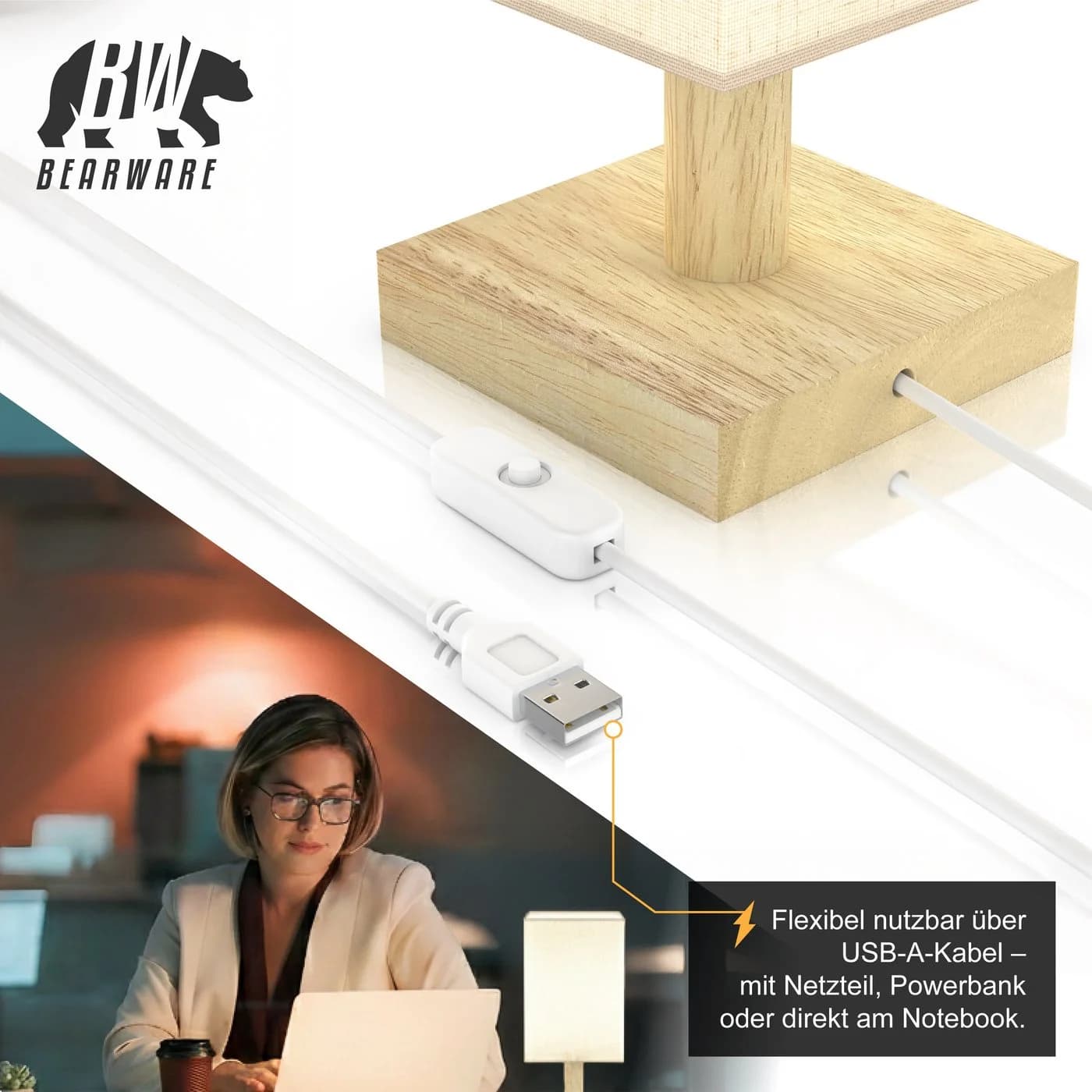 MyBeo LED Nachttischlampe Stoffschirm Holzfuß 3 Lichtmodi - Bild 5
