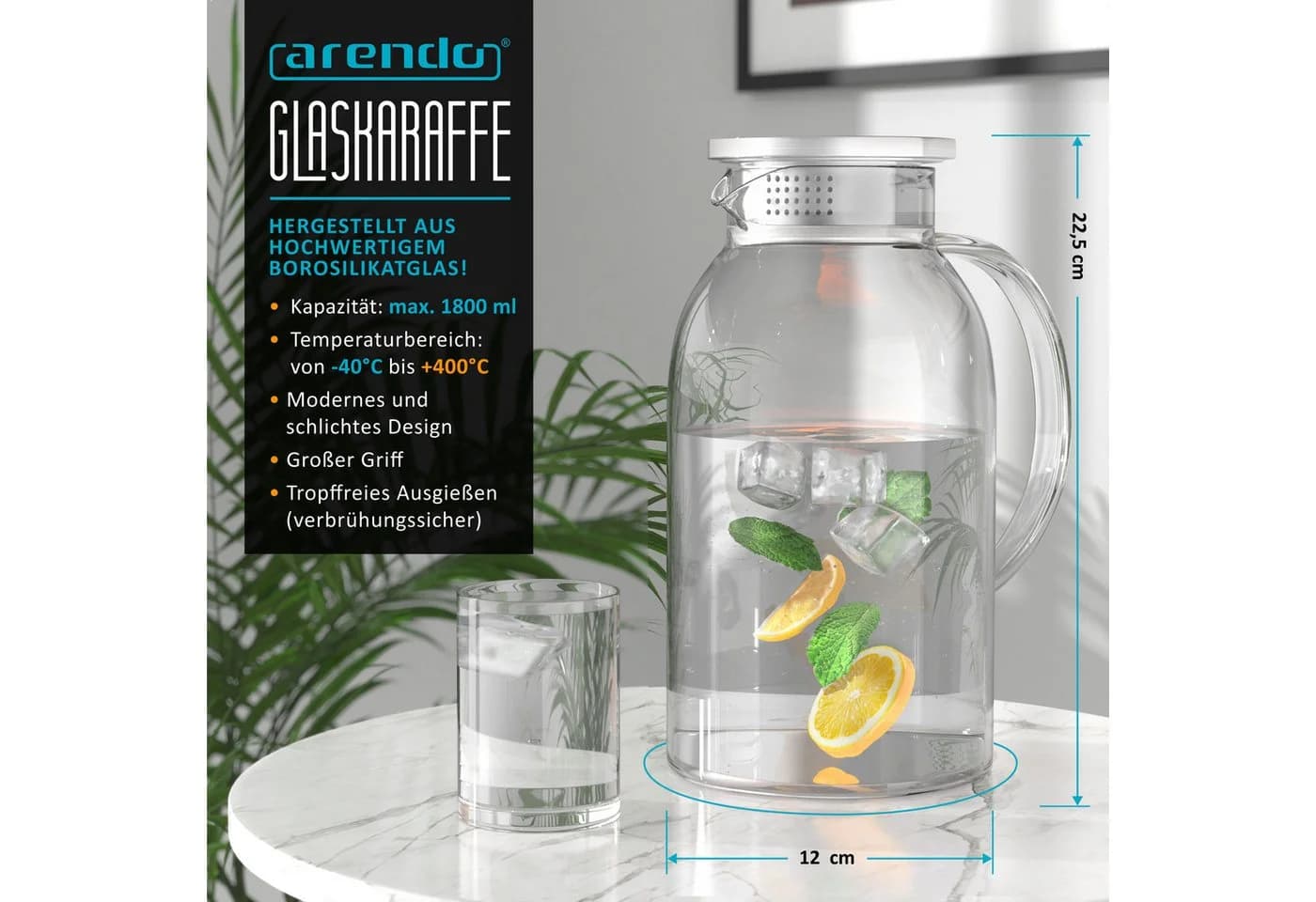 Arendo Glaskaraffe 1,8L mit Edelstahldeckel und Sieb