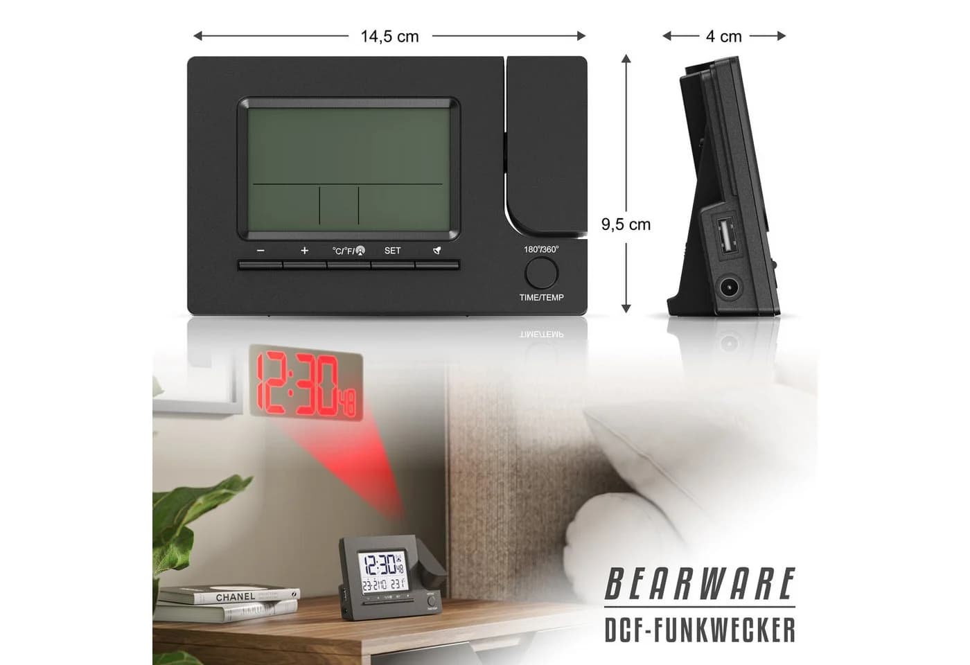 BEARWARE Projektionswecker Digitaler Tischwecker mit Projektion, USB-Ladeport & Temperaturanzeige