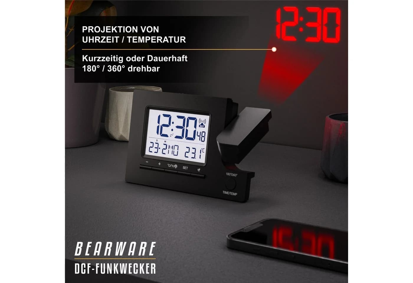 BEARWARE Projektionswecker Digitaler Tischwecker mit Projektion, USB-Ladeport & Temperaturanzeige - Bild 5