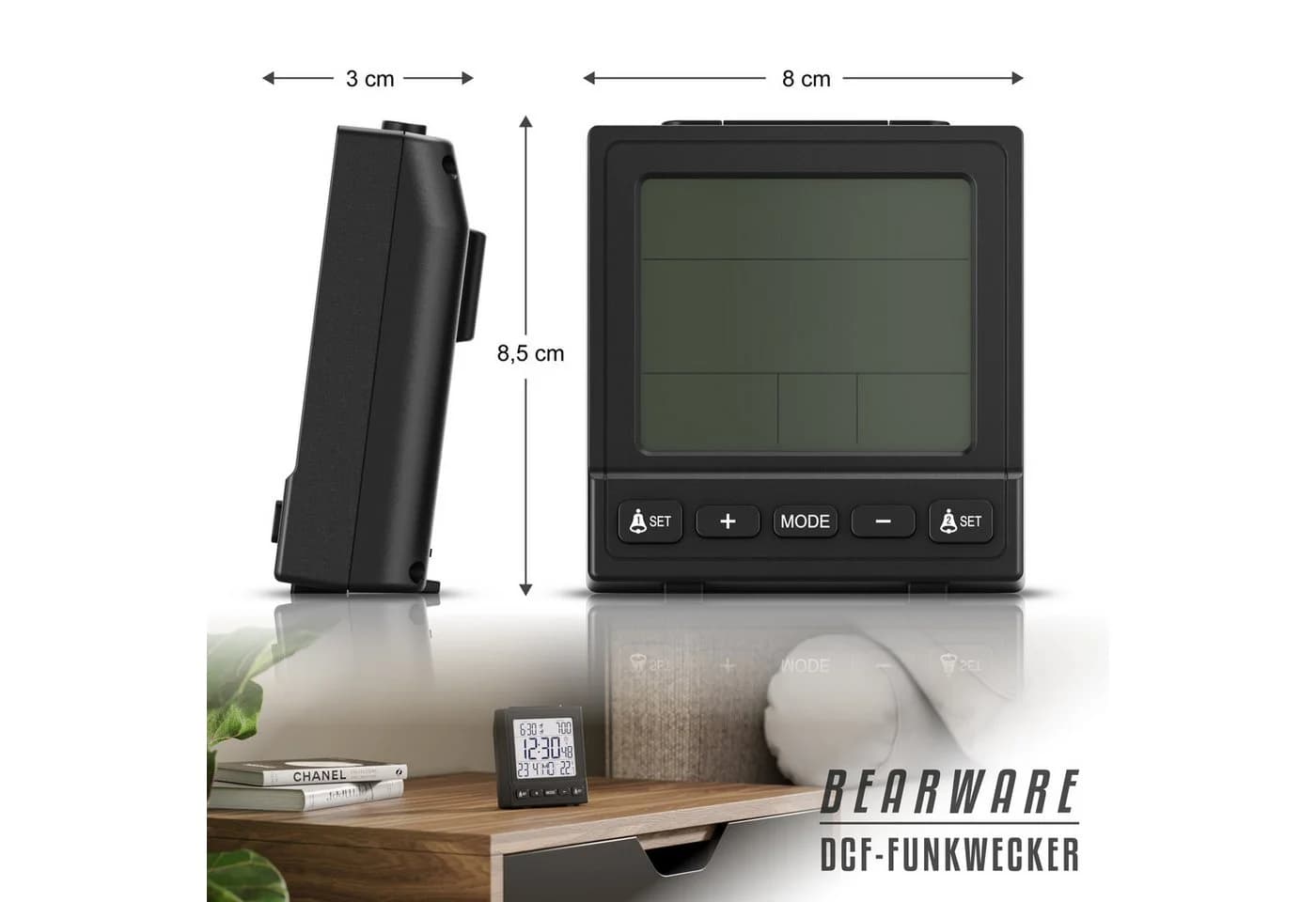 BEARWARE Reisewecker Digital DCF-Funkwecker 2 Alarme Snooze Temperaturanzeige